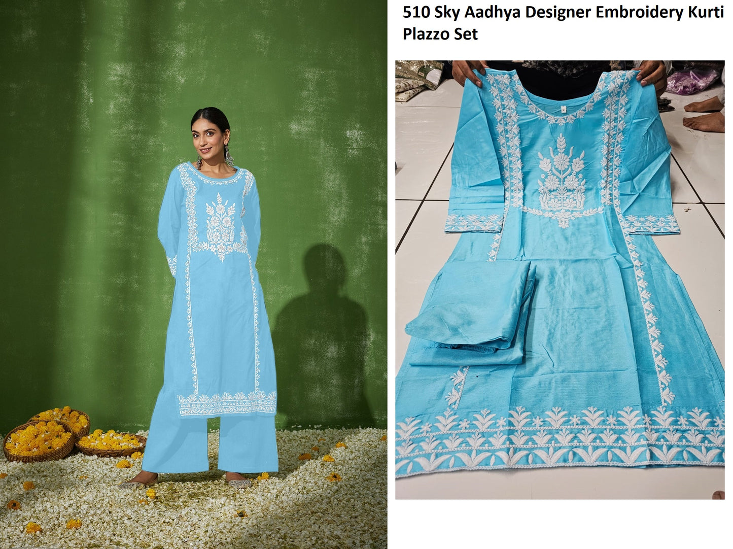 510 Sky Aadhya Designer Embroidery Kurti Plazzo Set