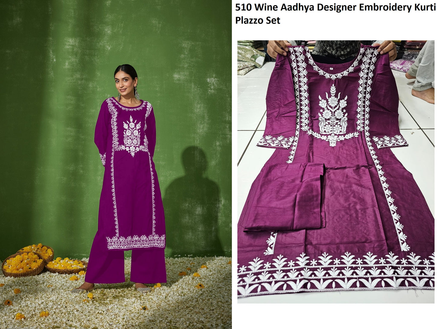 510 Wine Aadhya Designer Embroidery Kurti Plazzo Set