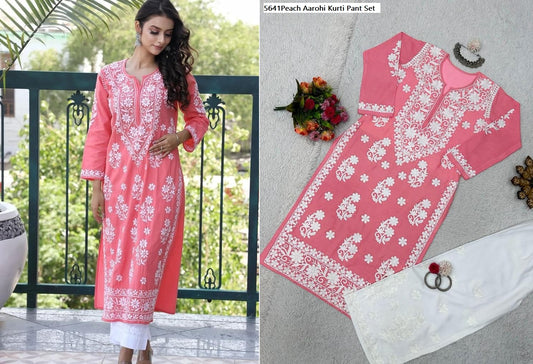 5641Peach Aarohi Kurti Pant Set