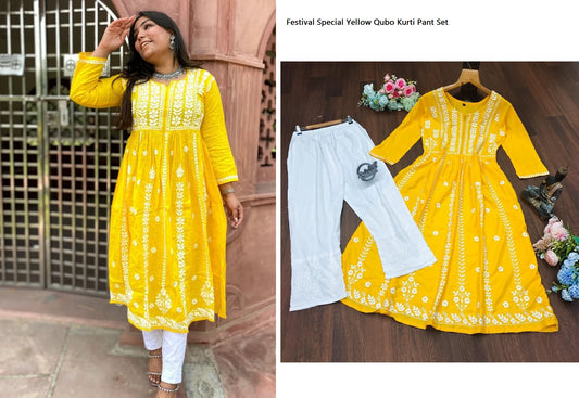 Festival Special Yellow Qubo Kurti Pant Set