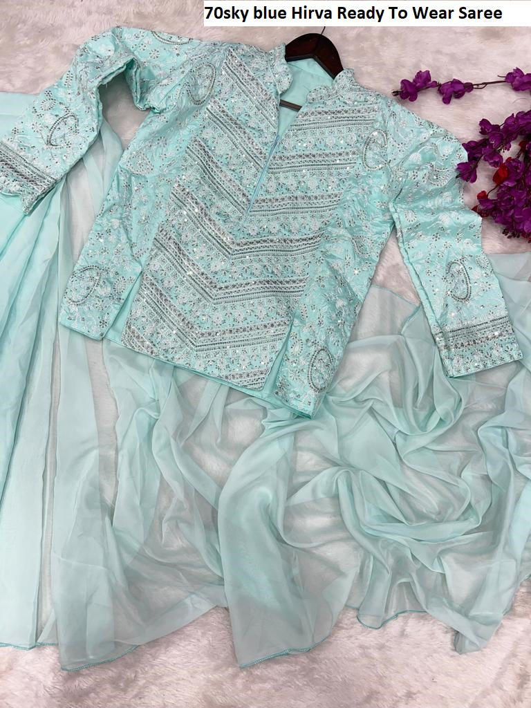 70Sky Blue Hirva Ready To Wear Saree