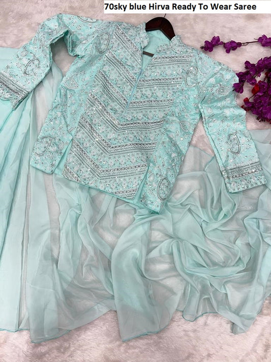 70Sky Blue Hirva Ready To Wear Saree
