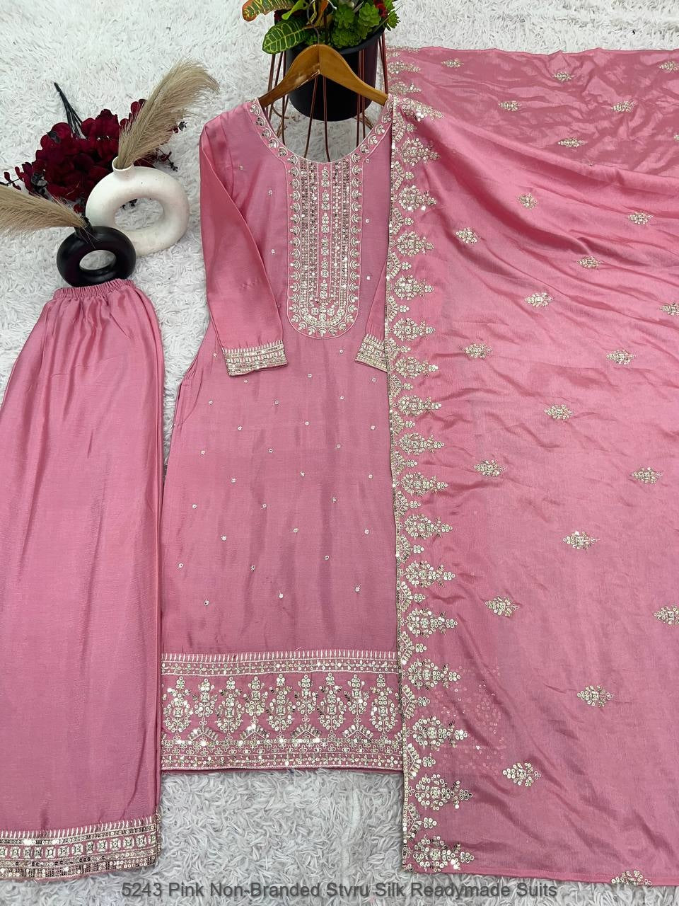 5243 Pink Non-Branded Stvru Silk Readymade Suits