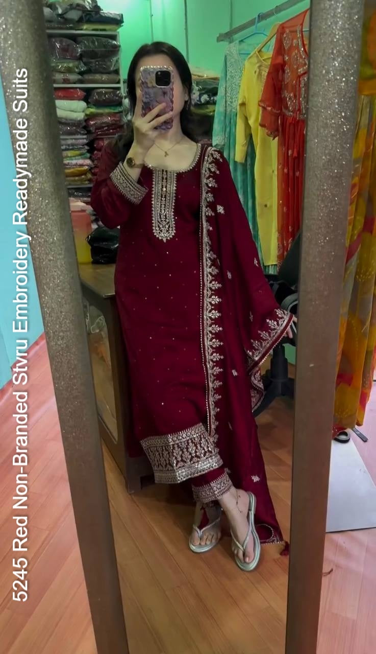 5245 Red Non-Branded Stvru Embroidery Readymade Suits