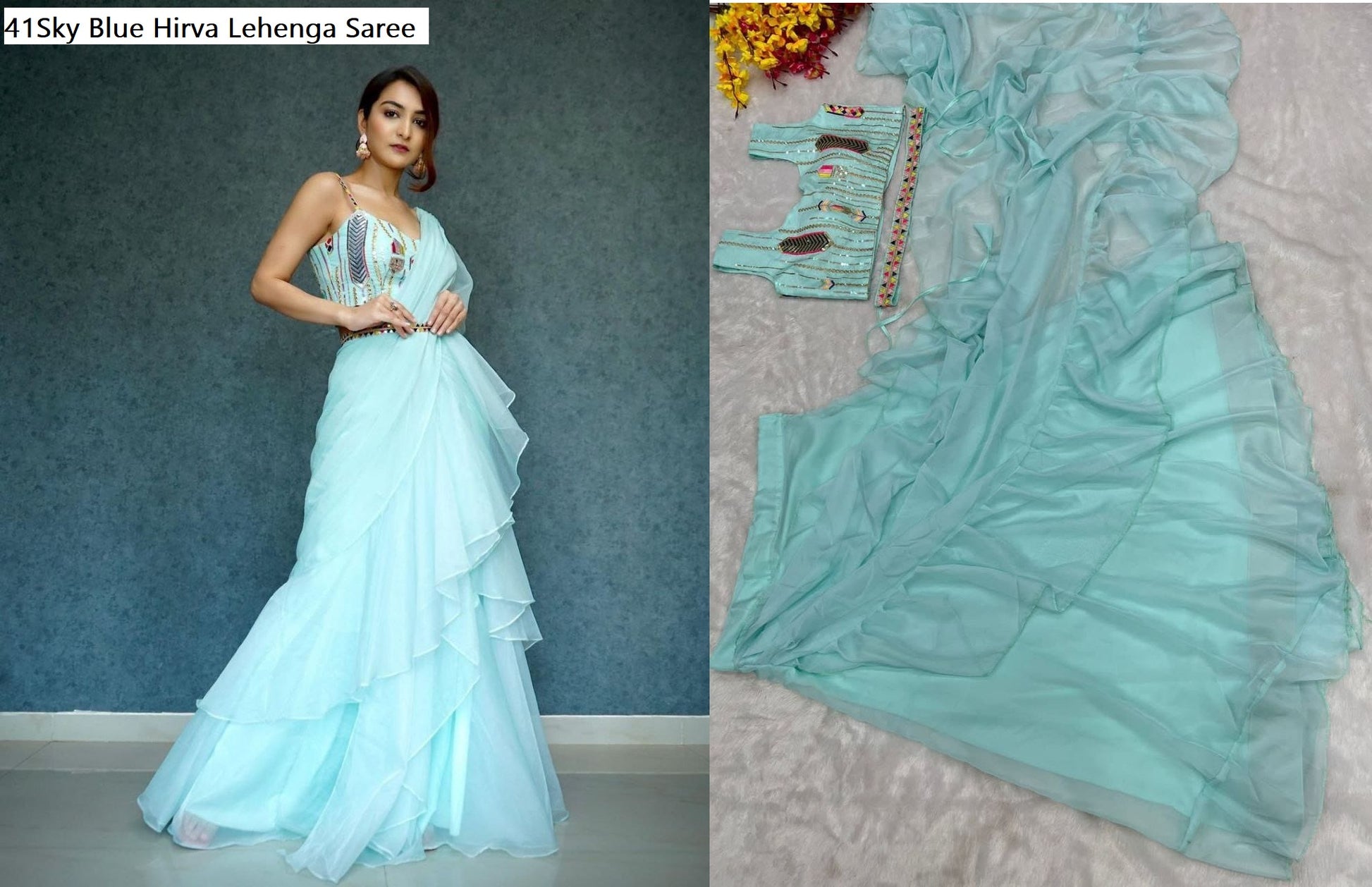 41Sky Blue Hirva Lehenga Saree