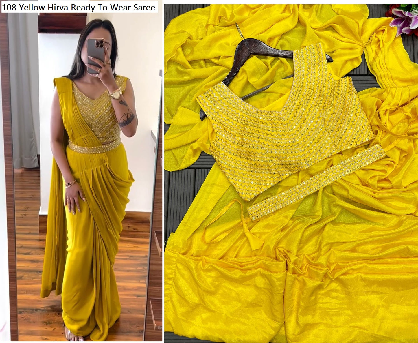 108 Yellow Hirva Ready To Wear Saree