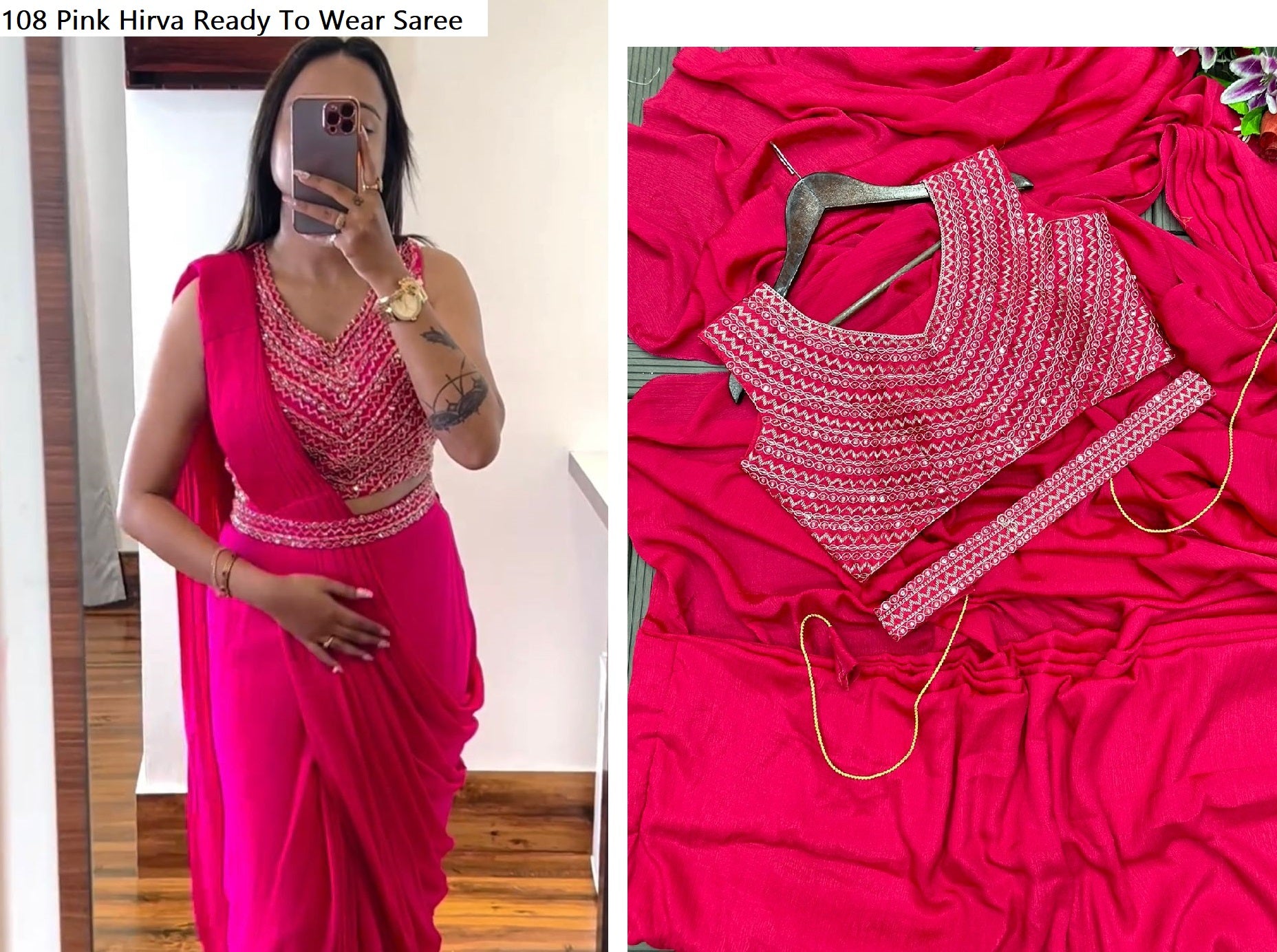 108 Pink Hirva Ready To Wear Saree