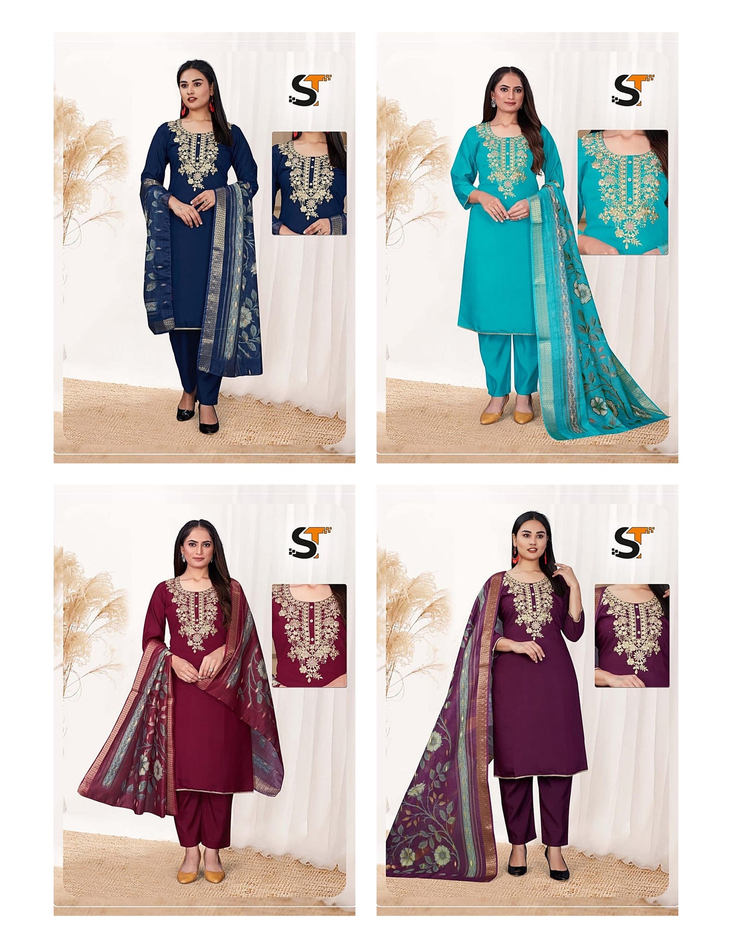 Heavy Roman Silk Salas Embroidery Readymade Suits