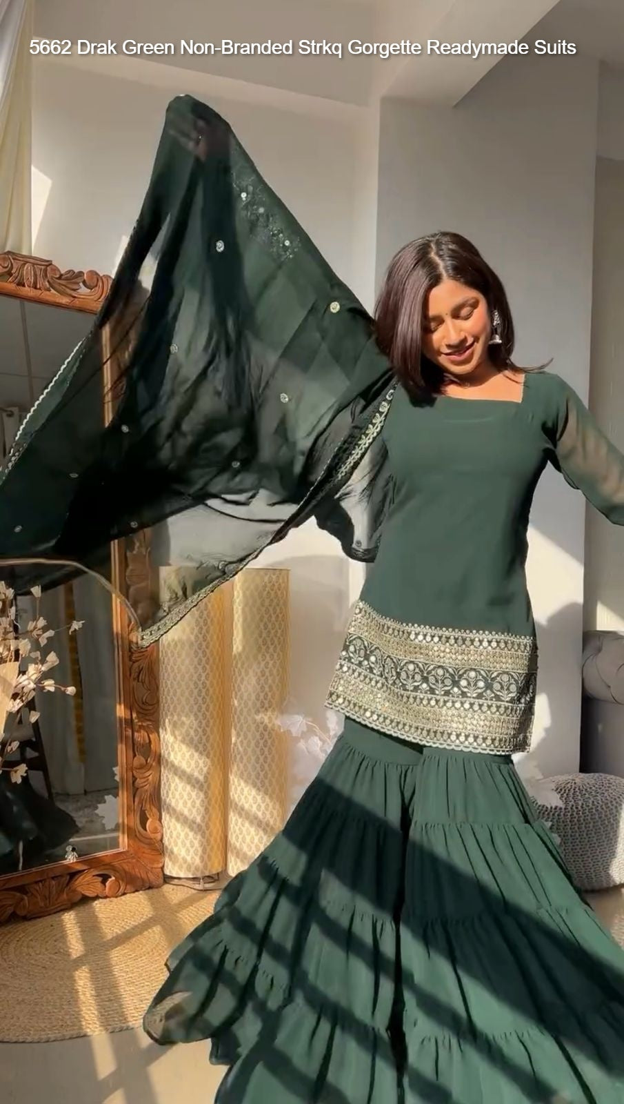 5662 Drak Green Non-Branded Strkq Gorgette Readymade Suits