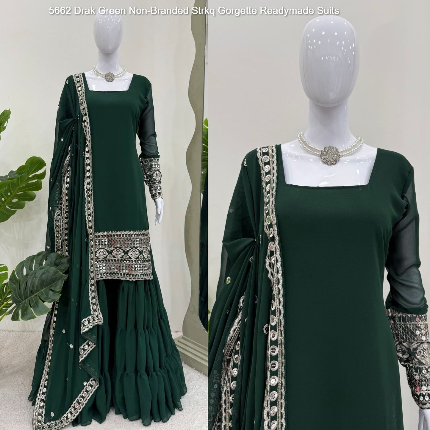 5662 Drak Green Non-Branded Strkq Gorgette Readymade Suits