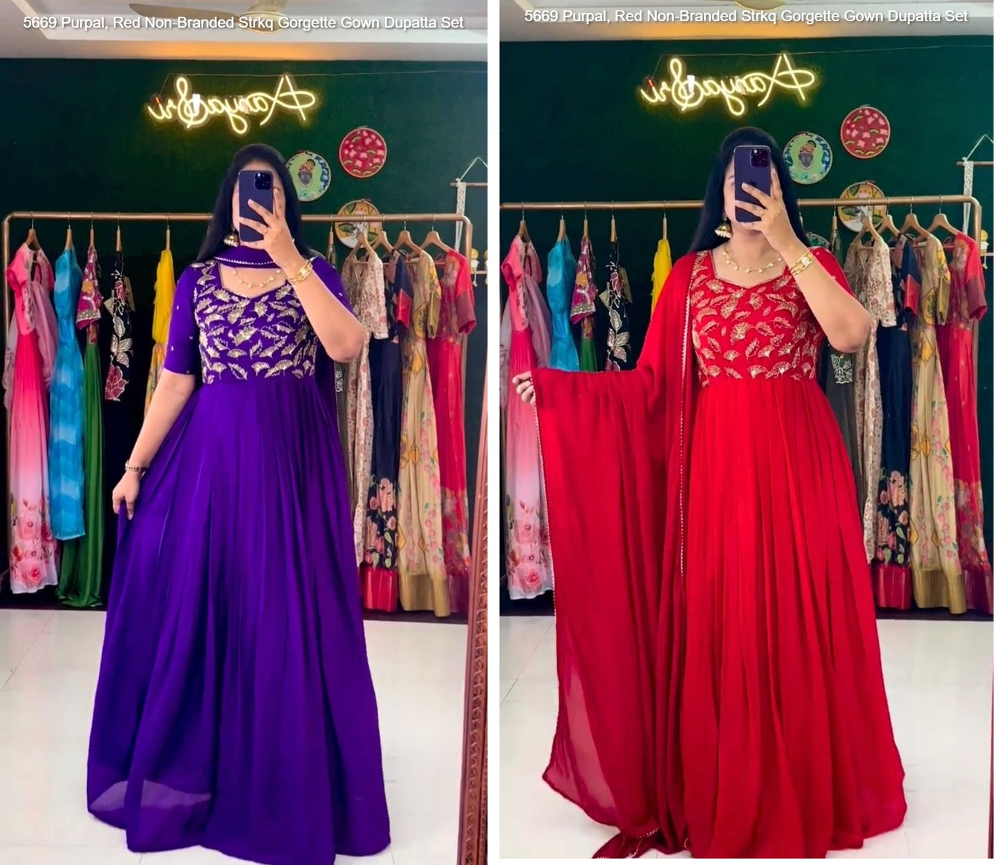 5669 Purple Red Non-Branded Strkq Gorgette Gown Dupatta Set