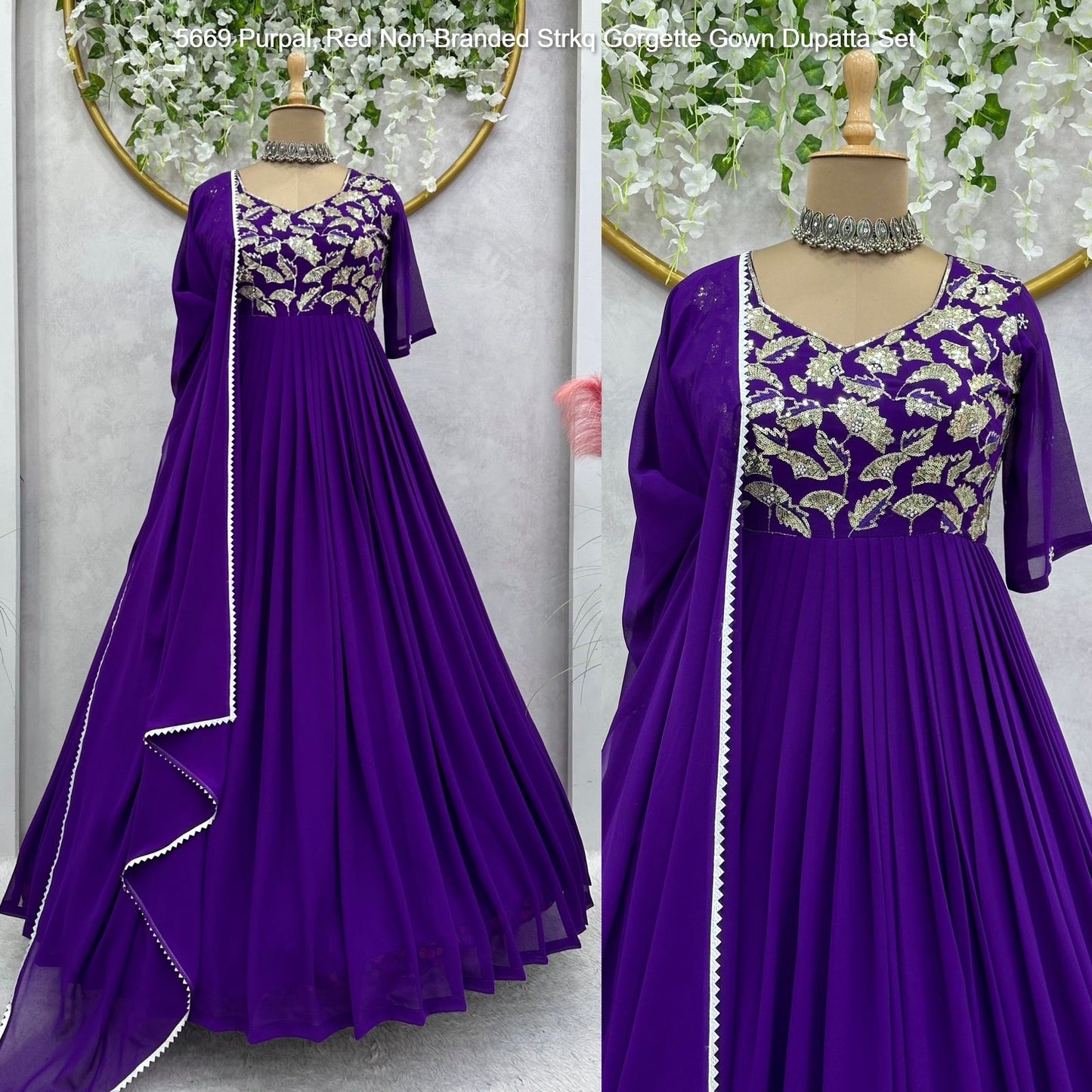 5669 Purple Red Non-Branded Strkq Gorgette Gown Dupatta Set