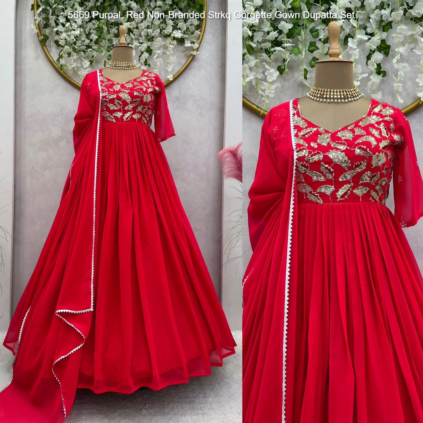 5669 Purple Red Non-Branded Strkq Gorgette Gown Dupatta Set