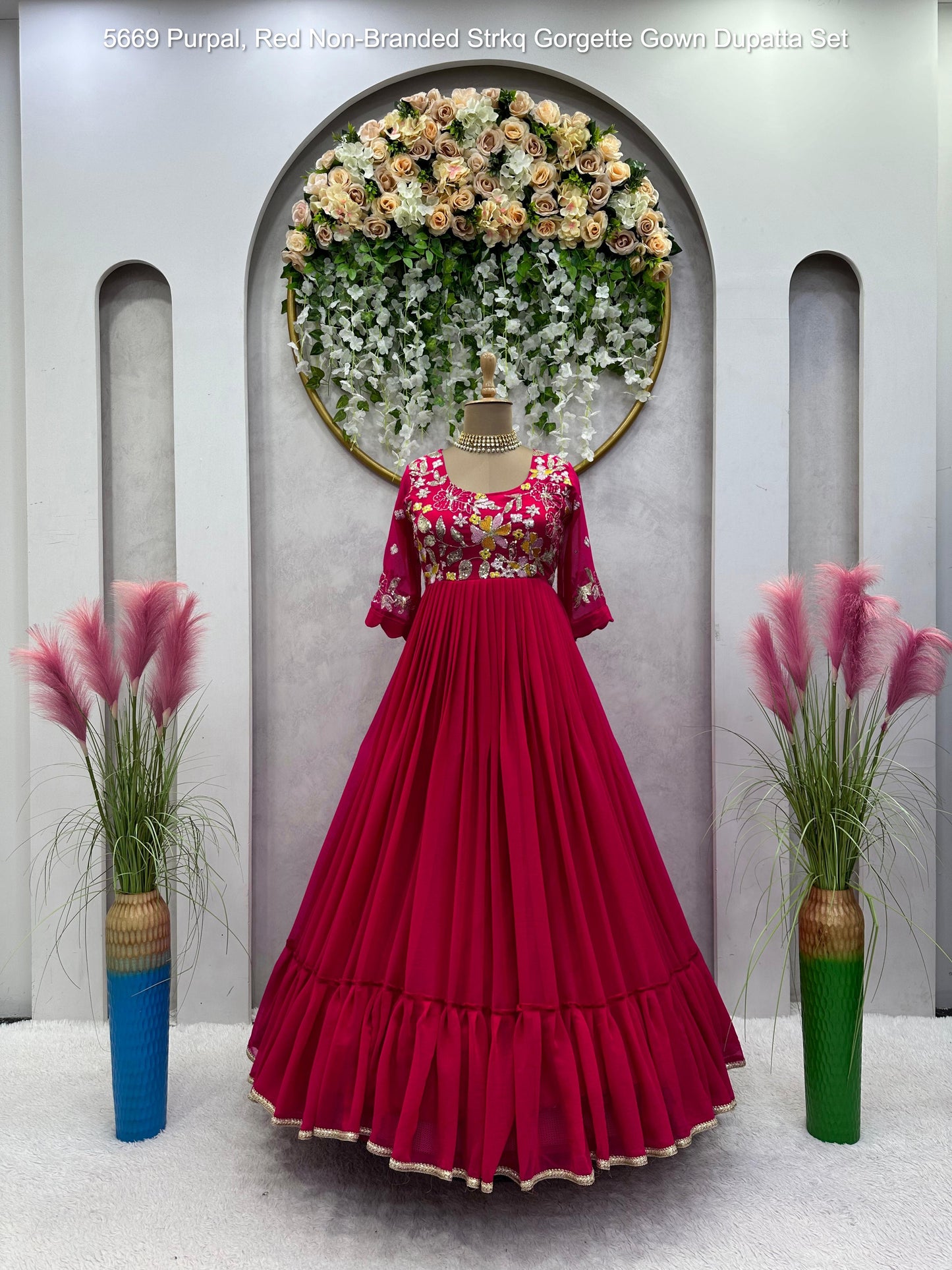 5669 Purple Red Non-Branded Strkq Gorgette Gown Dupatta Set
