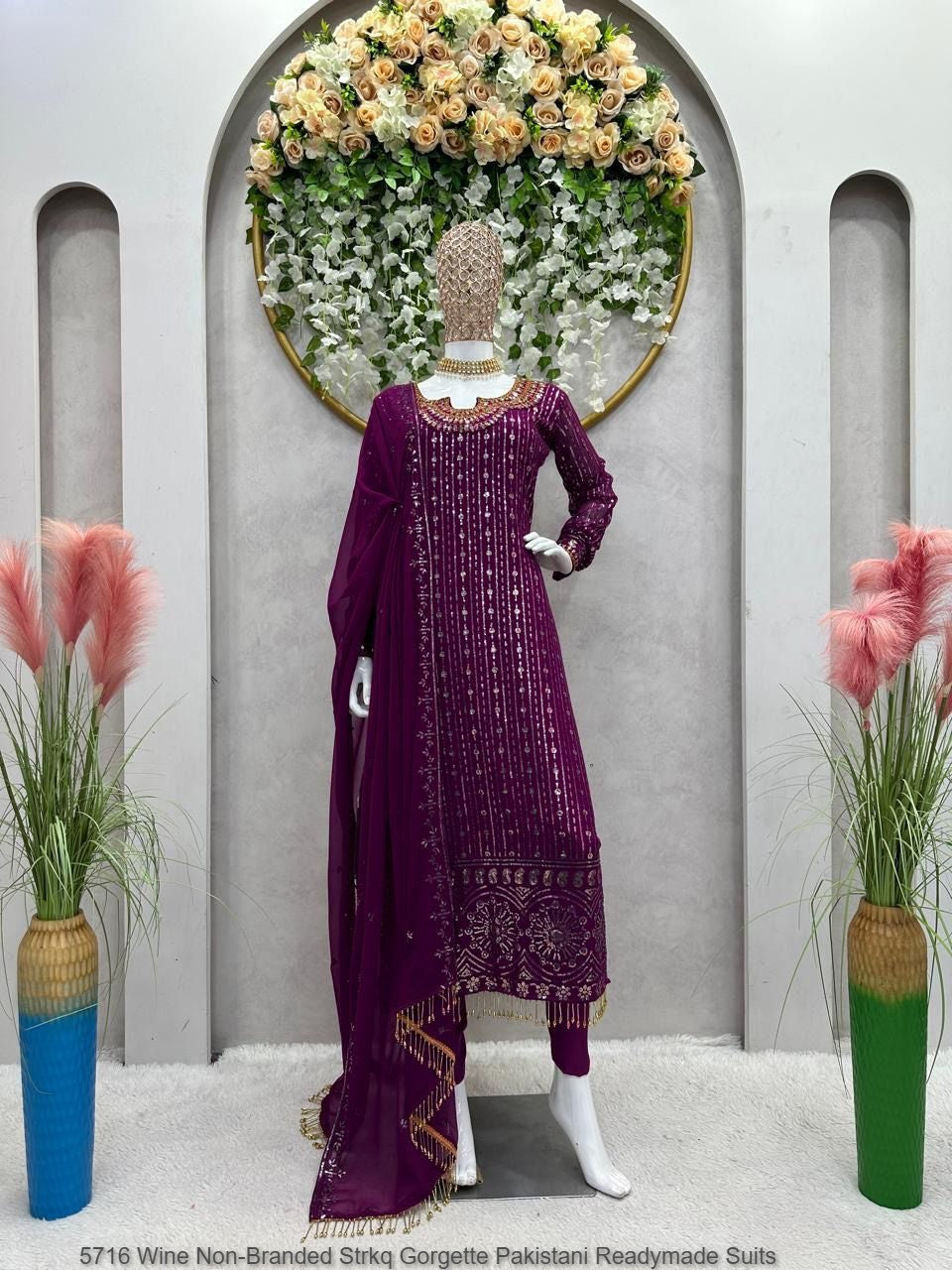 5716 Wine Non-Branded Strkq Gorgette Pakistani Readymade Suits