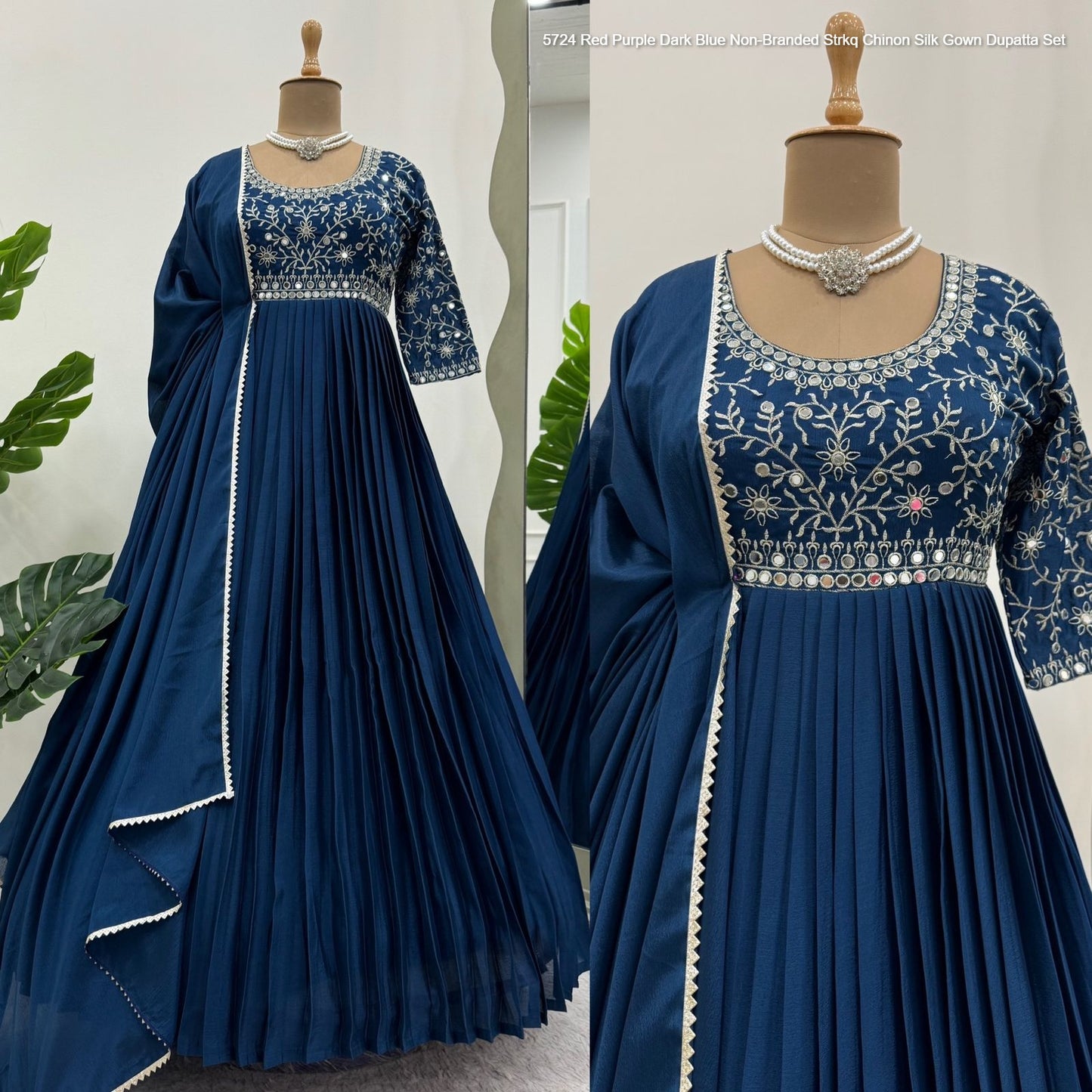 5724 Red Purple Dark Blue Non-Branded Strkq Chinon Silk Gown Dupatta Set