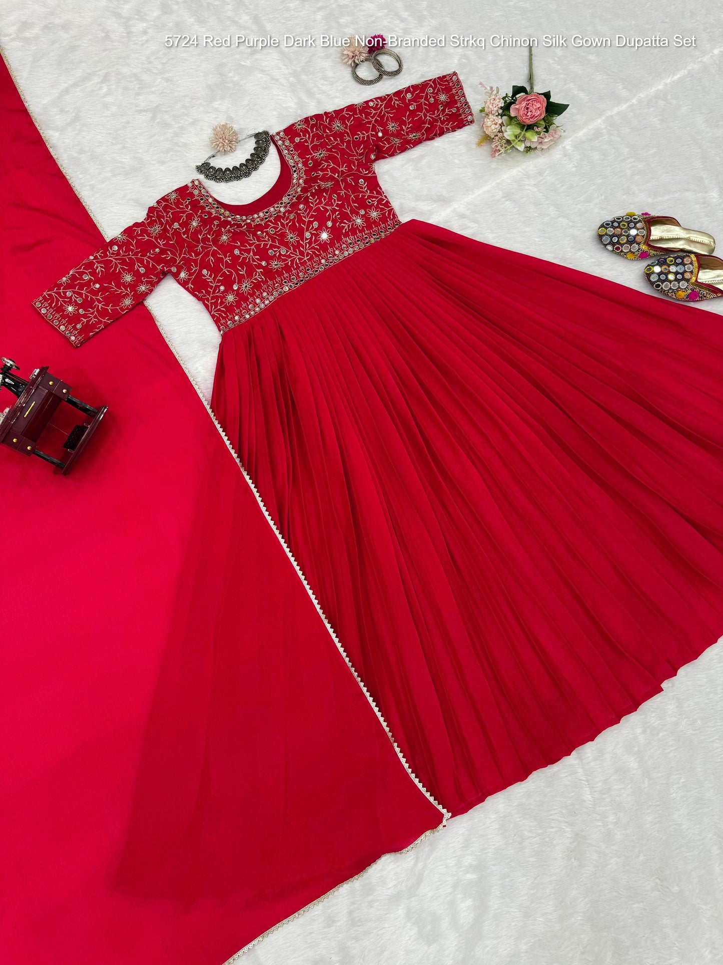 5724 Red Purple Dark Blue Non-Branded Strkq Chinon Silk Gown Dupatta Set