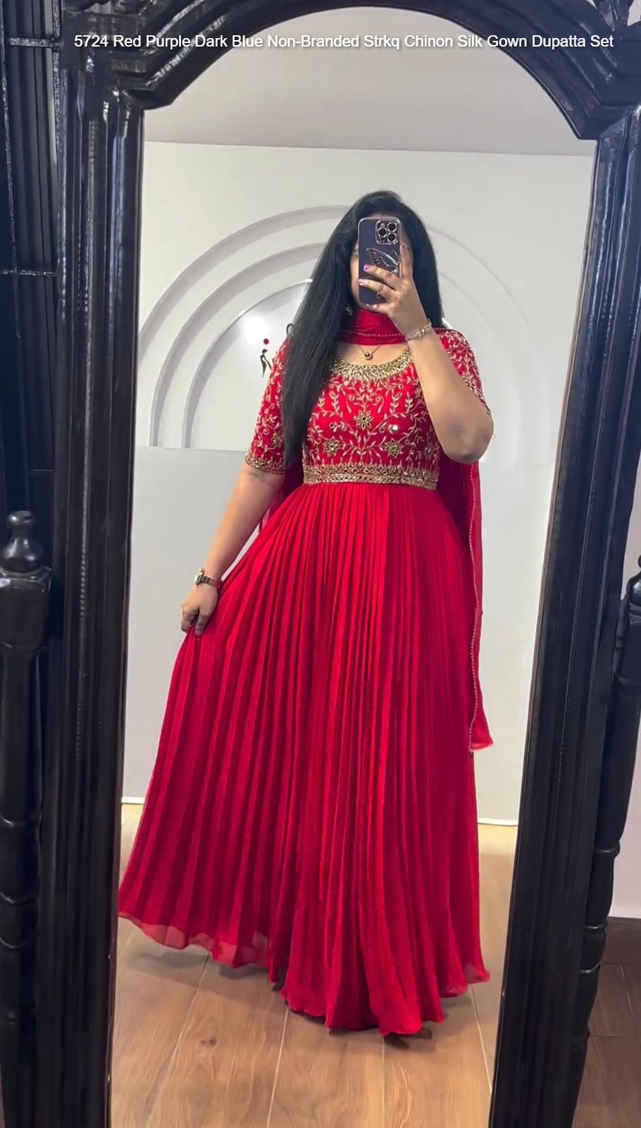 5724 Red Purple Dark Blue Non-Branded Strkq Chinon Silk Gown Dupatta Set