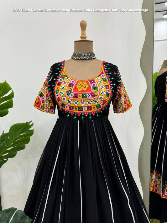 5737 Black Navratri Collection Non-Branded Strkq Georgette Flare Top With Lehenga
