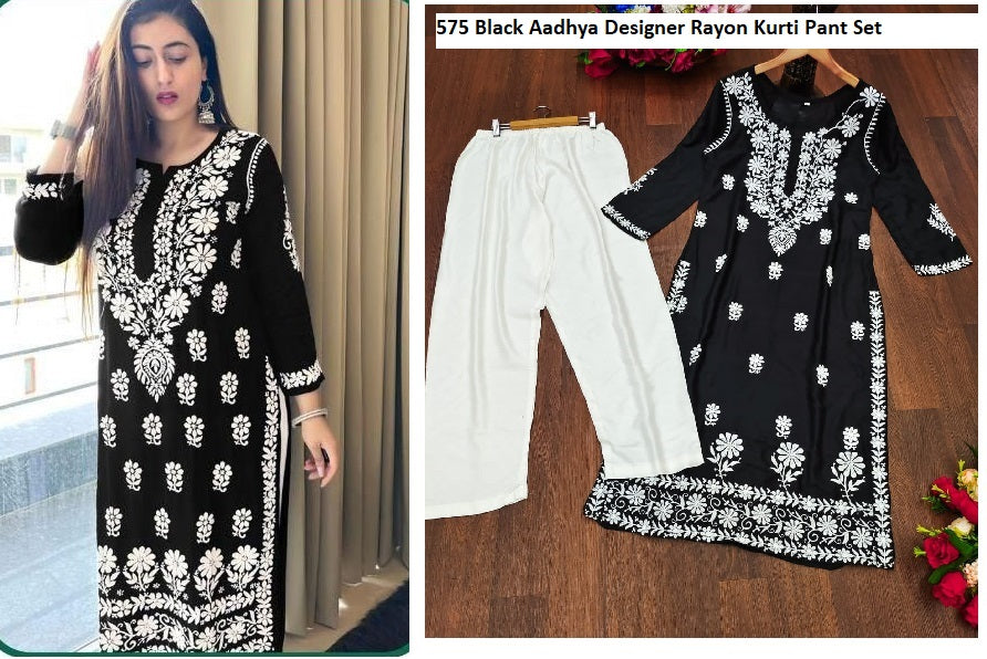575 Black Aadhya Designer Rayon Kurti Pant Set