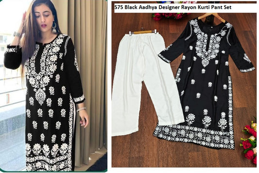 575 Black Aadhya Designer Rayon Kurti Pant Set