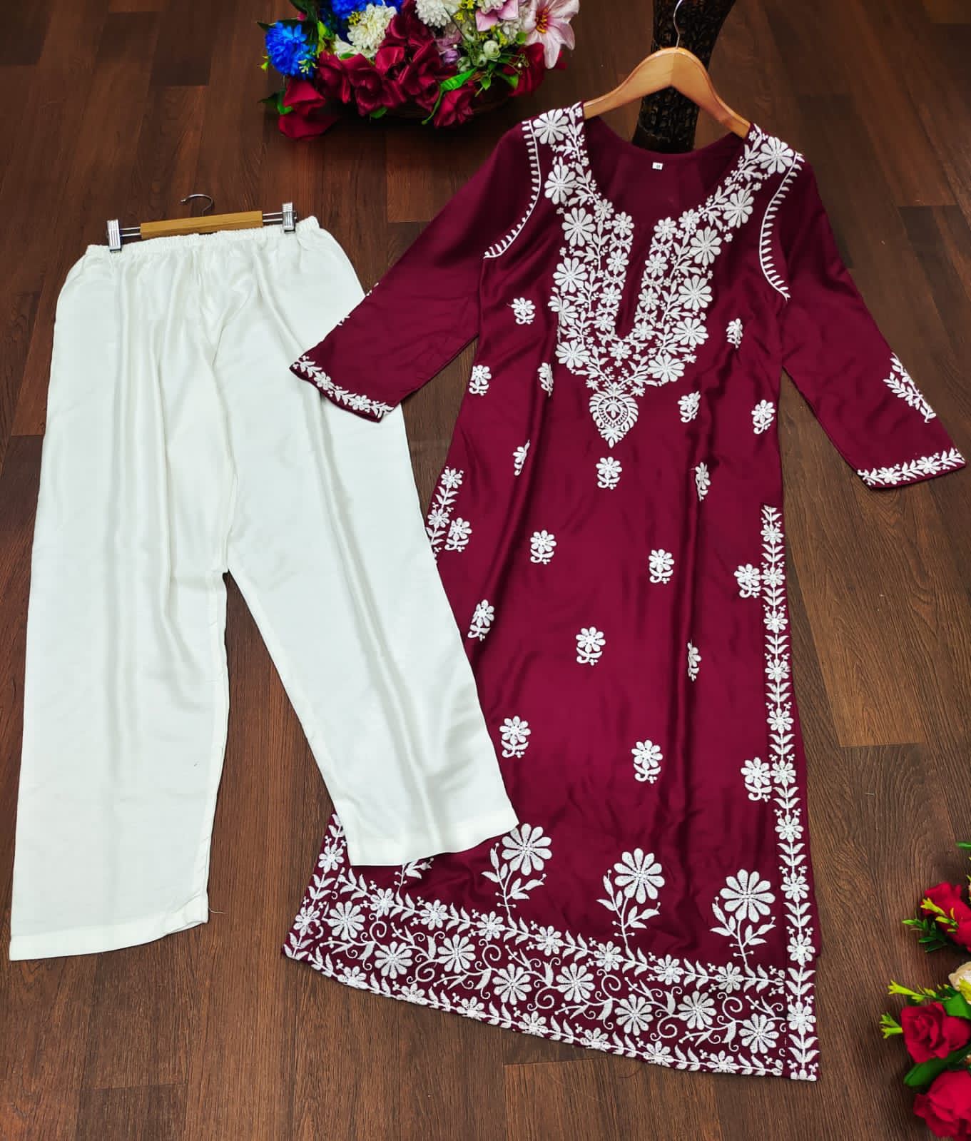 575 Maroon Aadhya Designer Rayon Kurti Pant Set