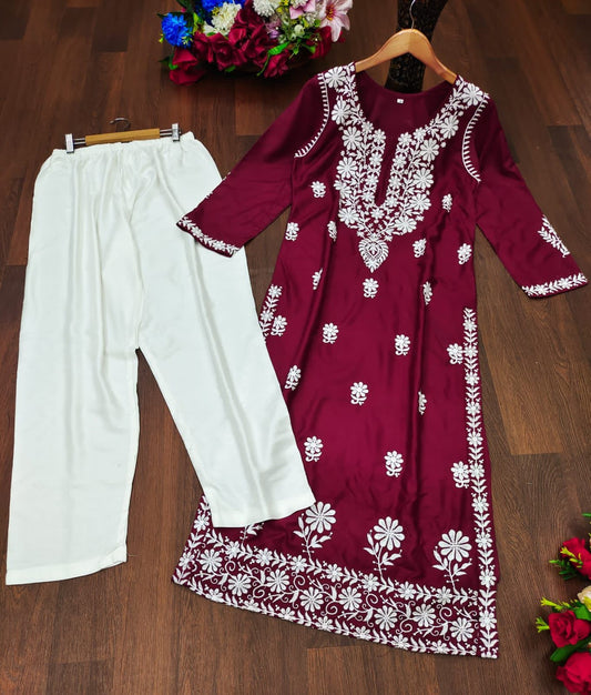 575 Maroon Aadhya Designer Rayon Kurti Pant Set