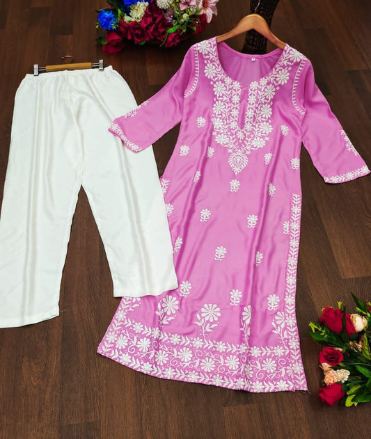 575 Pink Aadhya Designer Rayon Kurti Pant Set