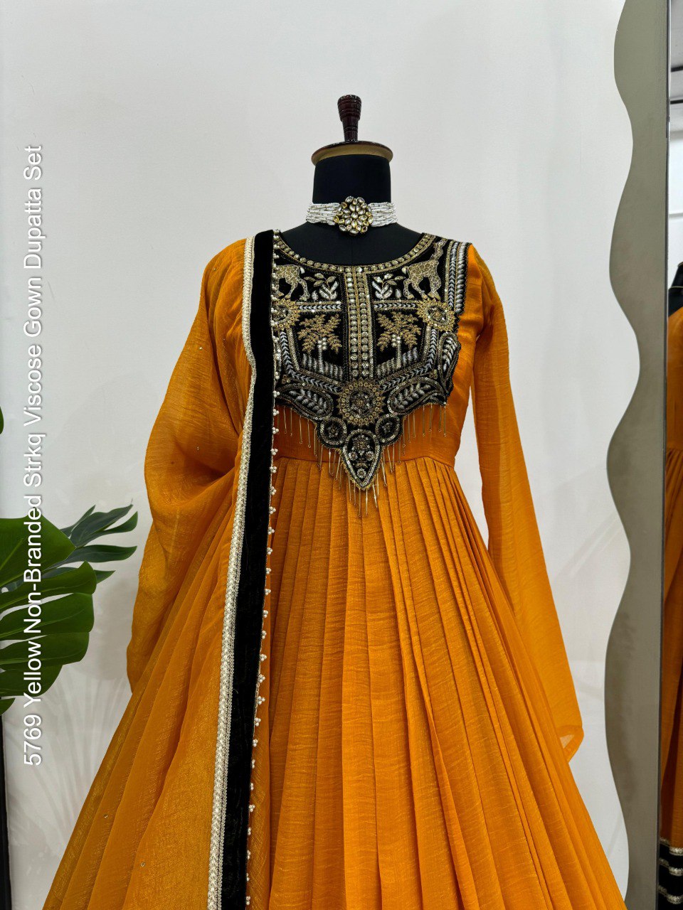 5769 Yellow Non-Branded Strkq Viscose Gown Dupatta Set