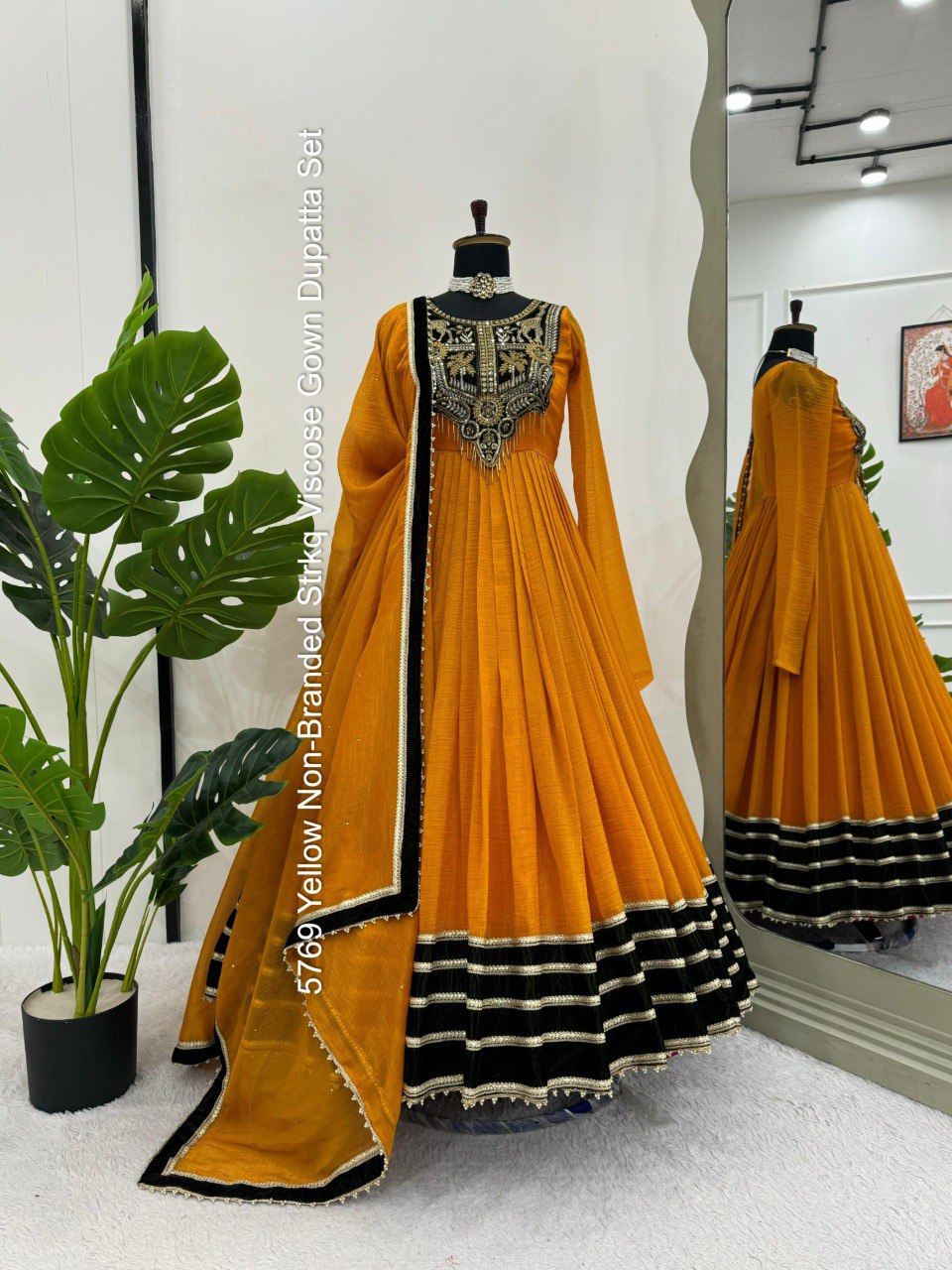 5769 Yellow Non-Branded Strkq Viscose Gown Dupatta Set