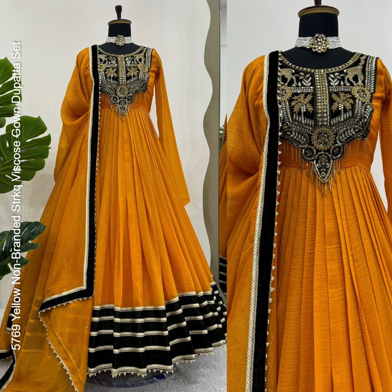 5769 Yellow Non-Branded Strkq Viscose Gown Dupatta Set