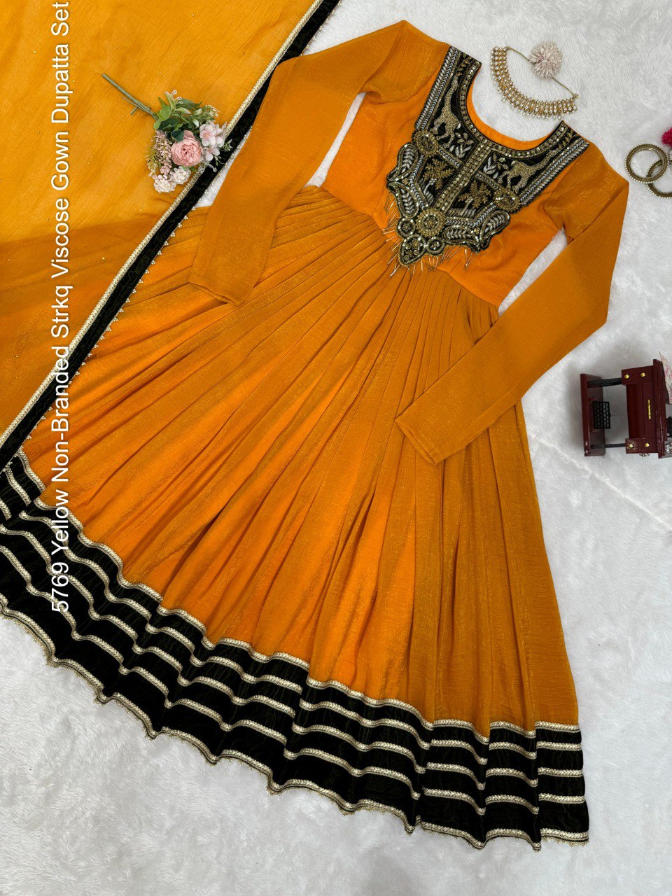 5769 Yellow Non-Branded Strkq Viscose Gown Dupatta Set