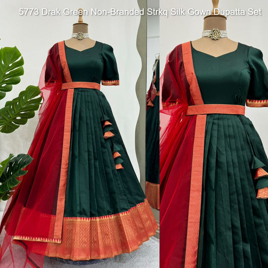 5773 Drak Green Non-Branded Strkq Silk Gown Dupatta Set