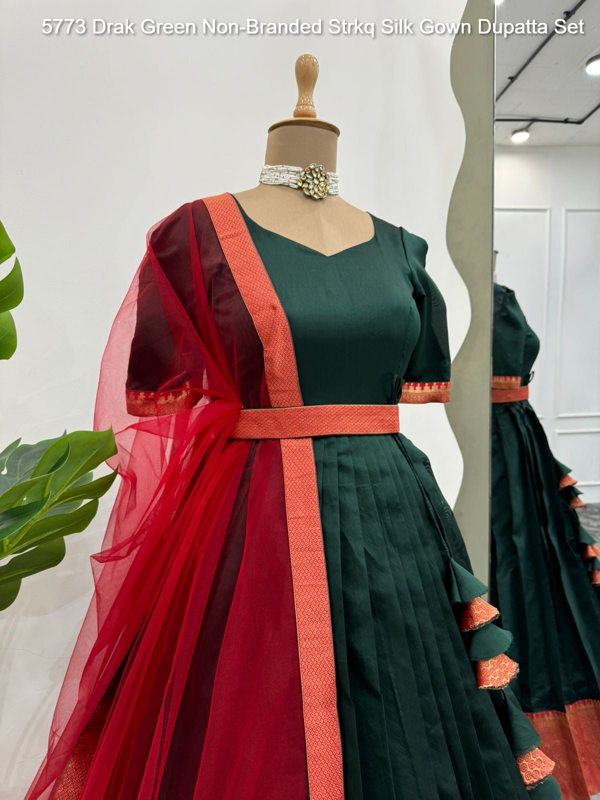 5773 Drak Green Non-Branded Strkq Silk Gown Dupatta Set