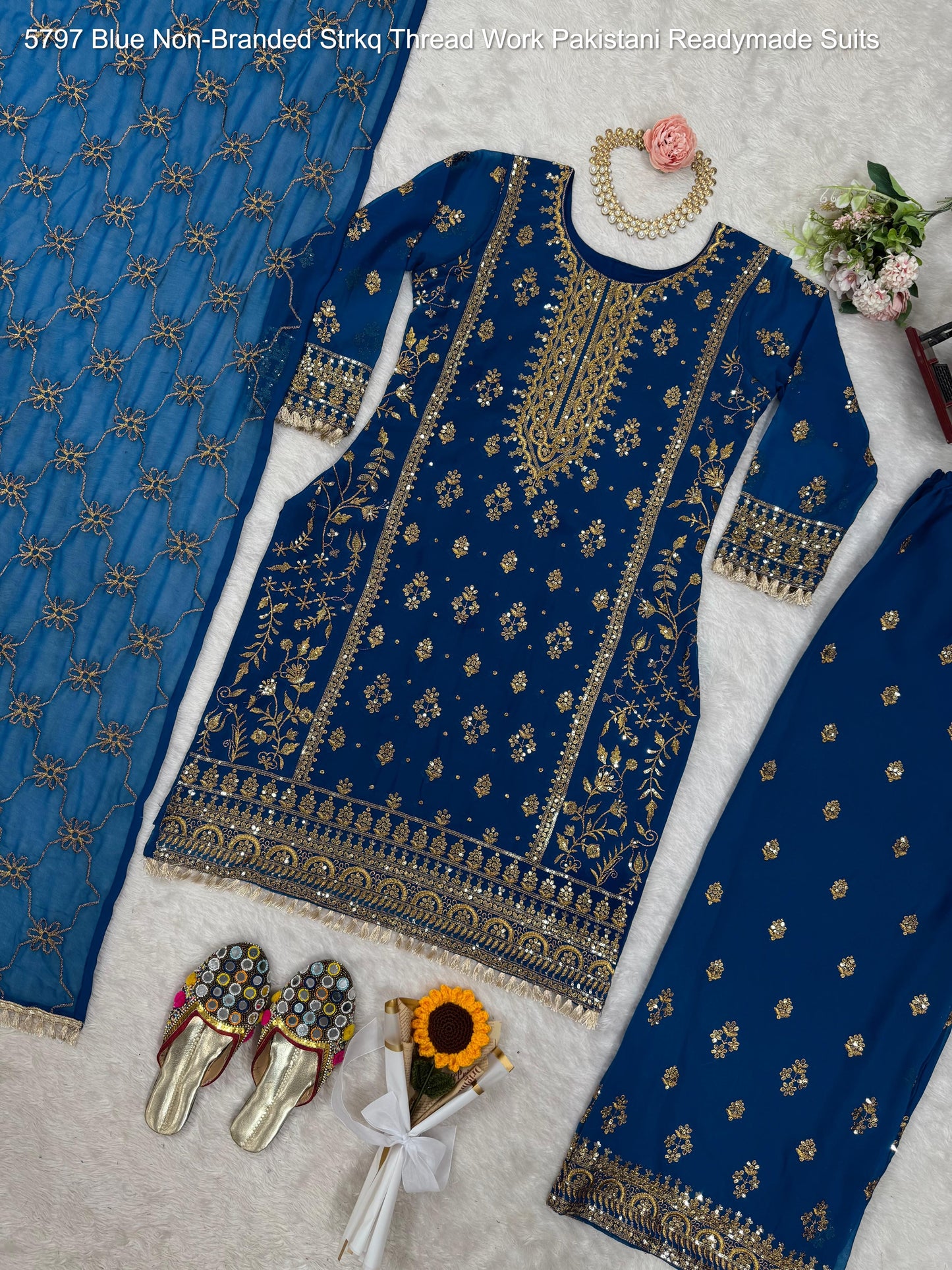 5797 Blue Non-Branded Strkq Thread Work Pakistani Readymade Suits