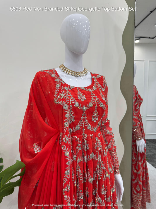 5806 Red Non-Branded Strkq Georgette Top Bottom Set