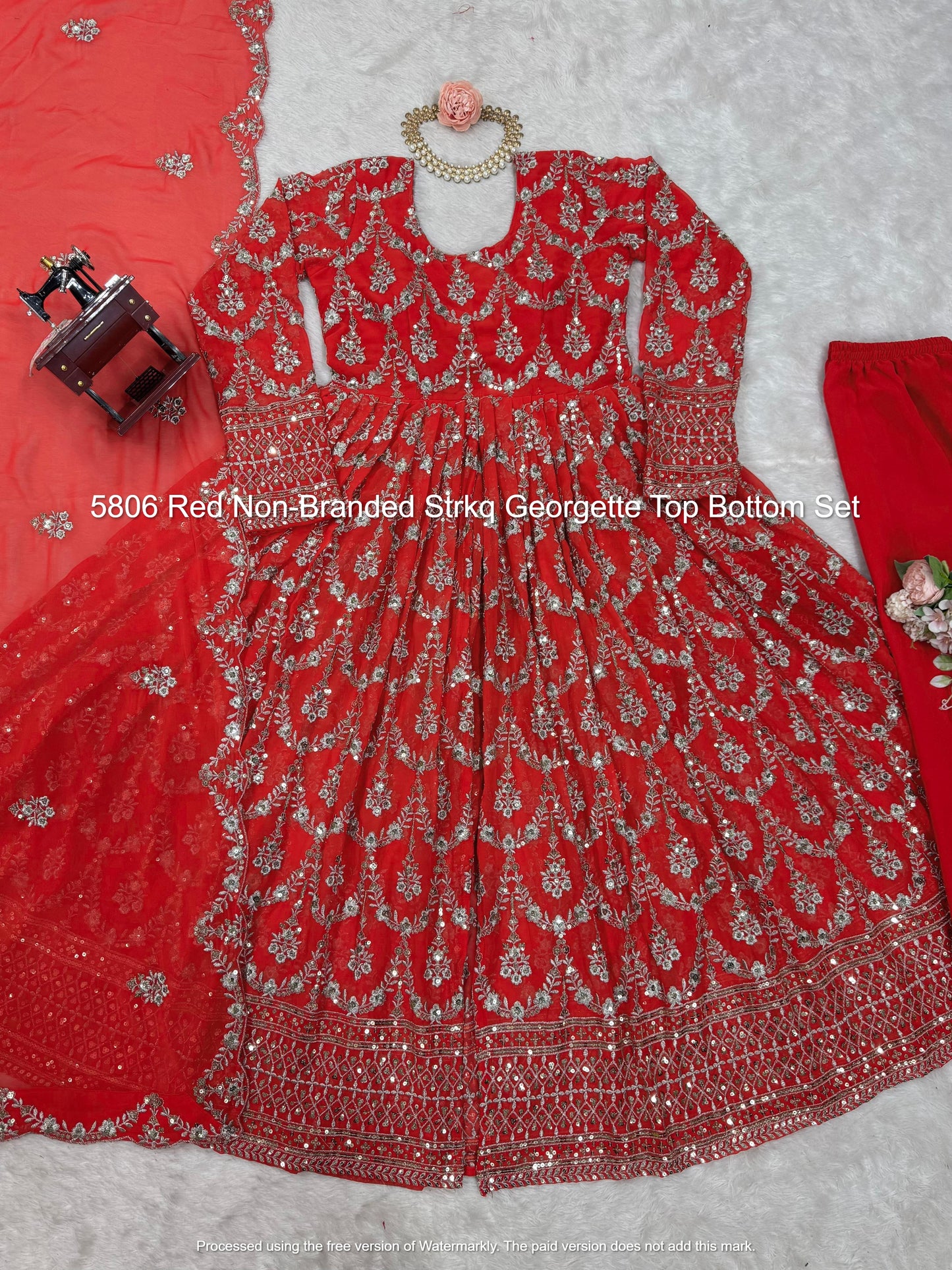 5806 Red Non-Branded Strkq Georgette Top Bottom Set