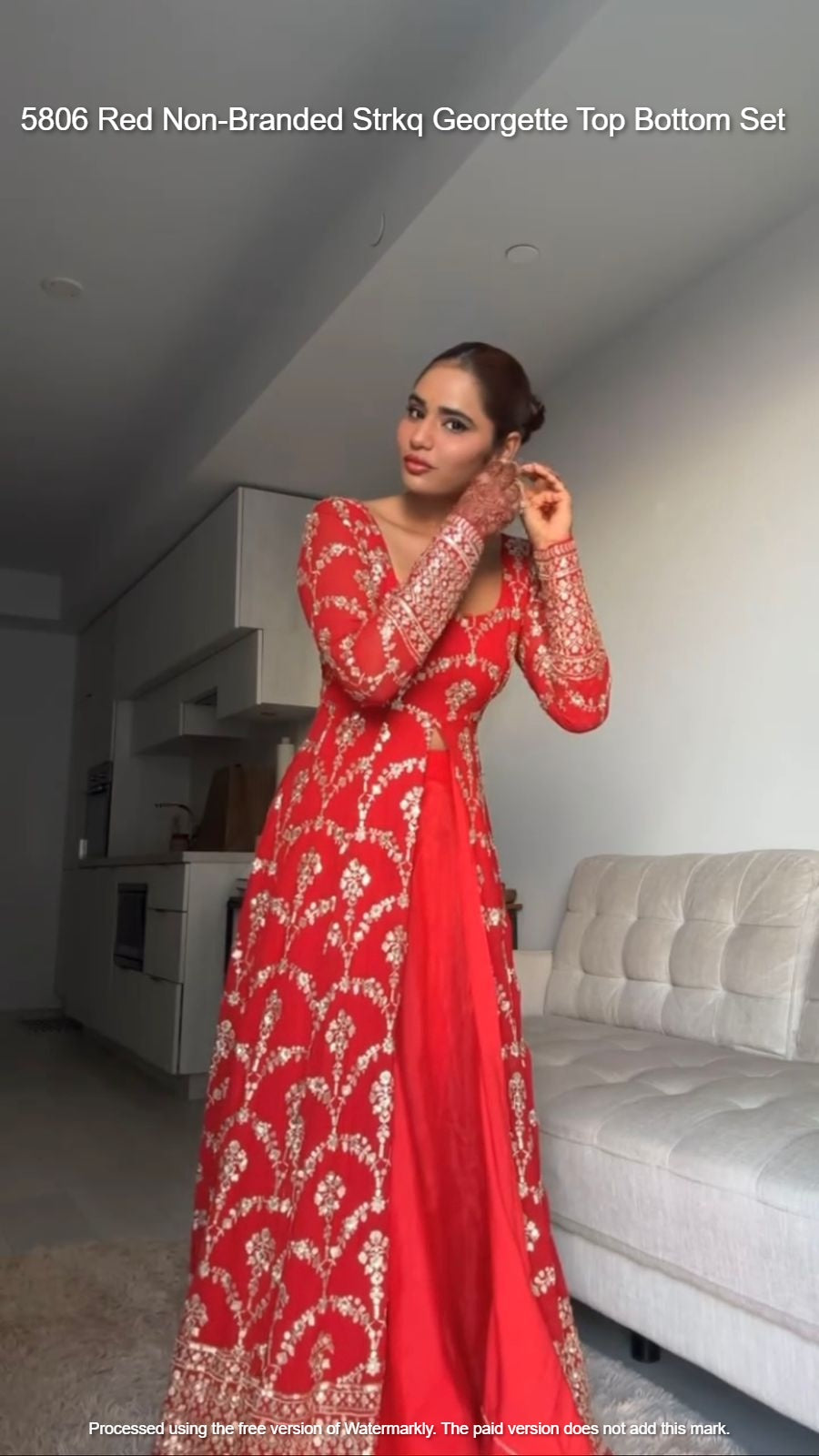 5806 Red Non-Branded Strkq Georgette Top Bottom Set