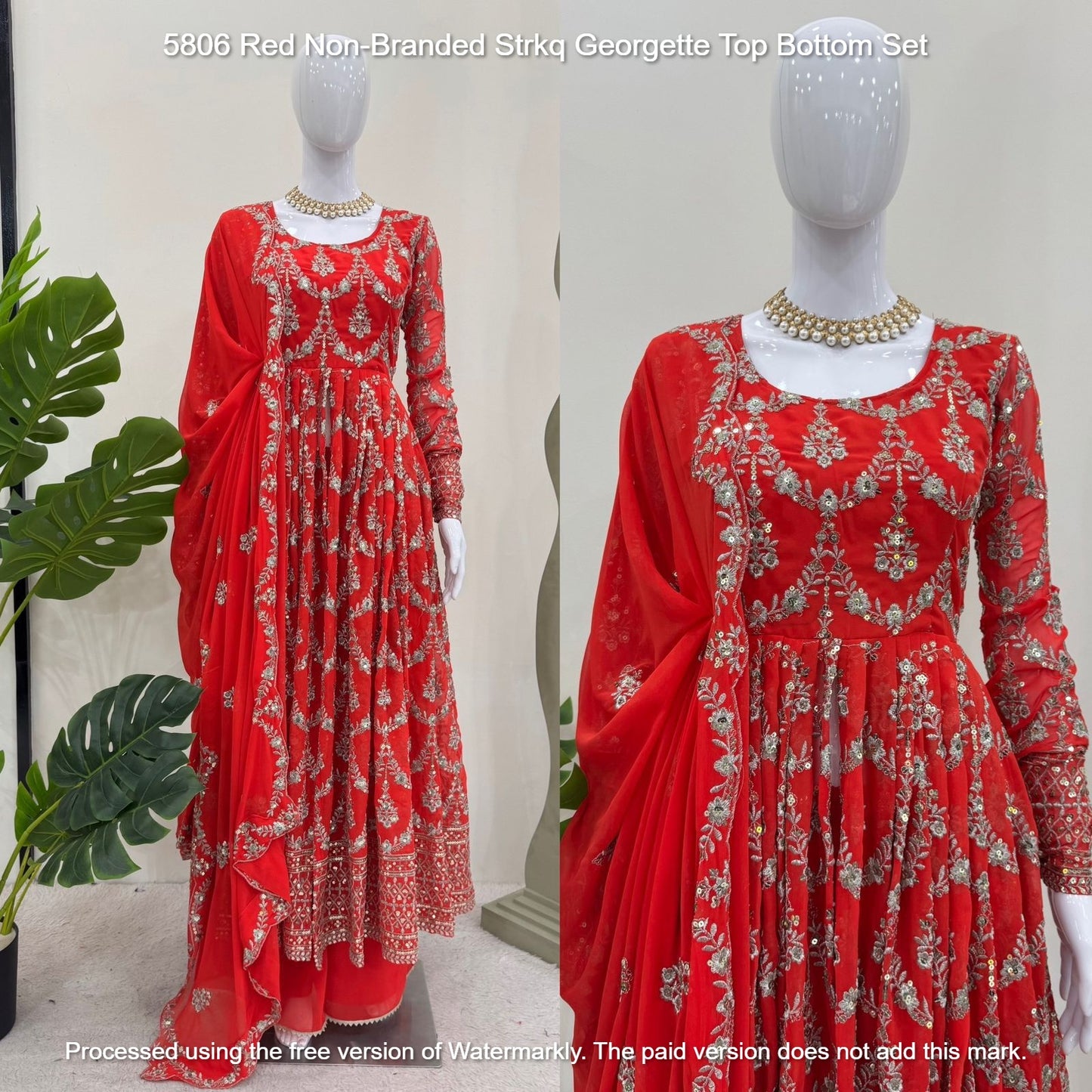 5806 Red Non-Branded Strkq Georgette Top Bottom Set
