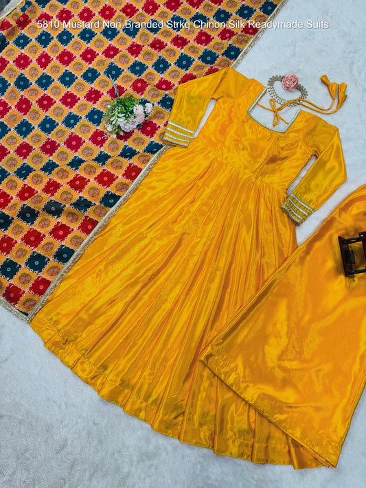 5810 Mustard Non-Branded Strkq Chinon Silk Readymade Suits