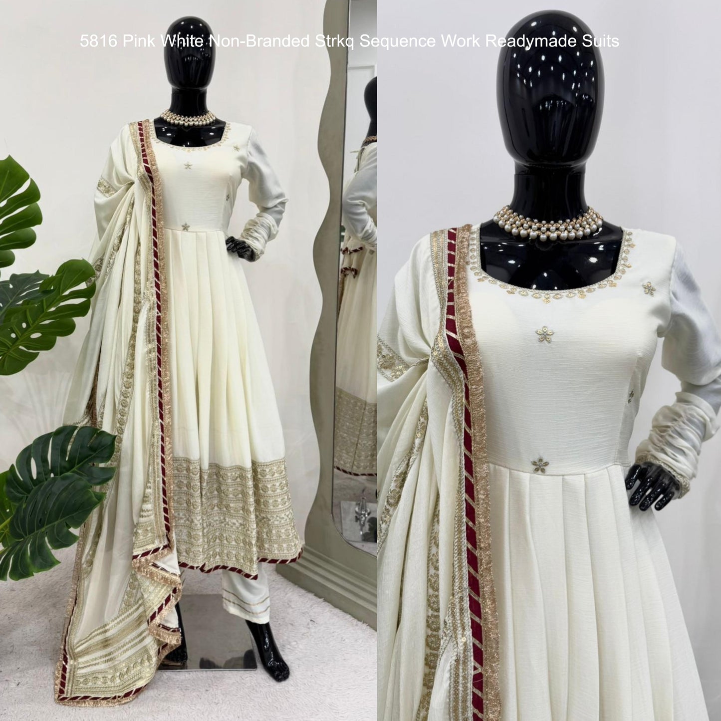 5816 Pink White Non-Branded Strkq Sequence Work Readymade Suits