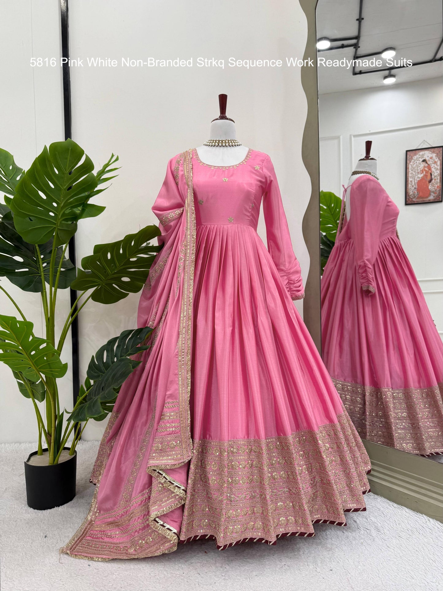 5816 Pink White Non-Branded Strkq Sequence Work Readymade Suits