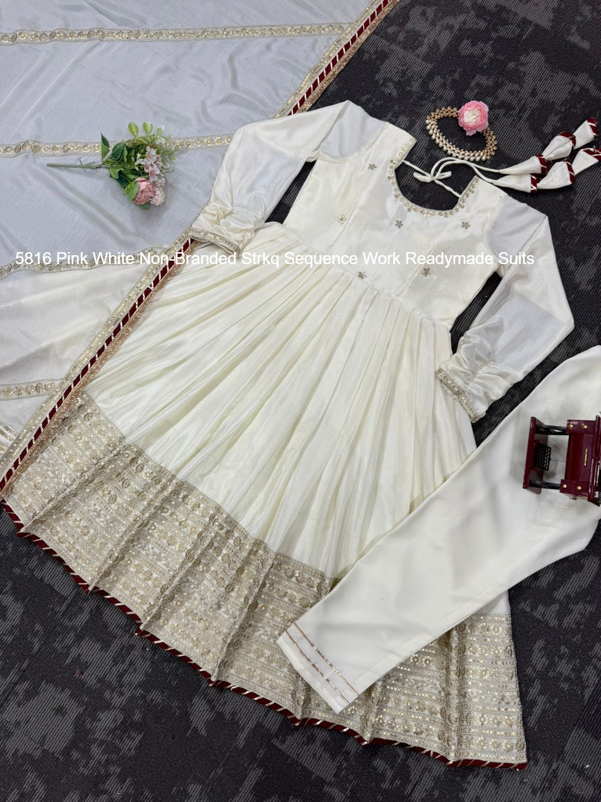 5816 Pink White Non-Branded Strkq Sequence Work Readymade Suits