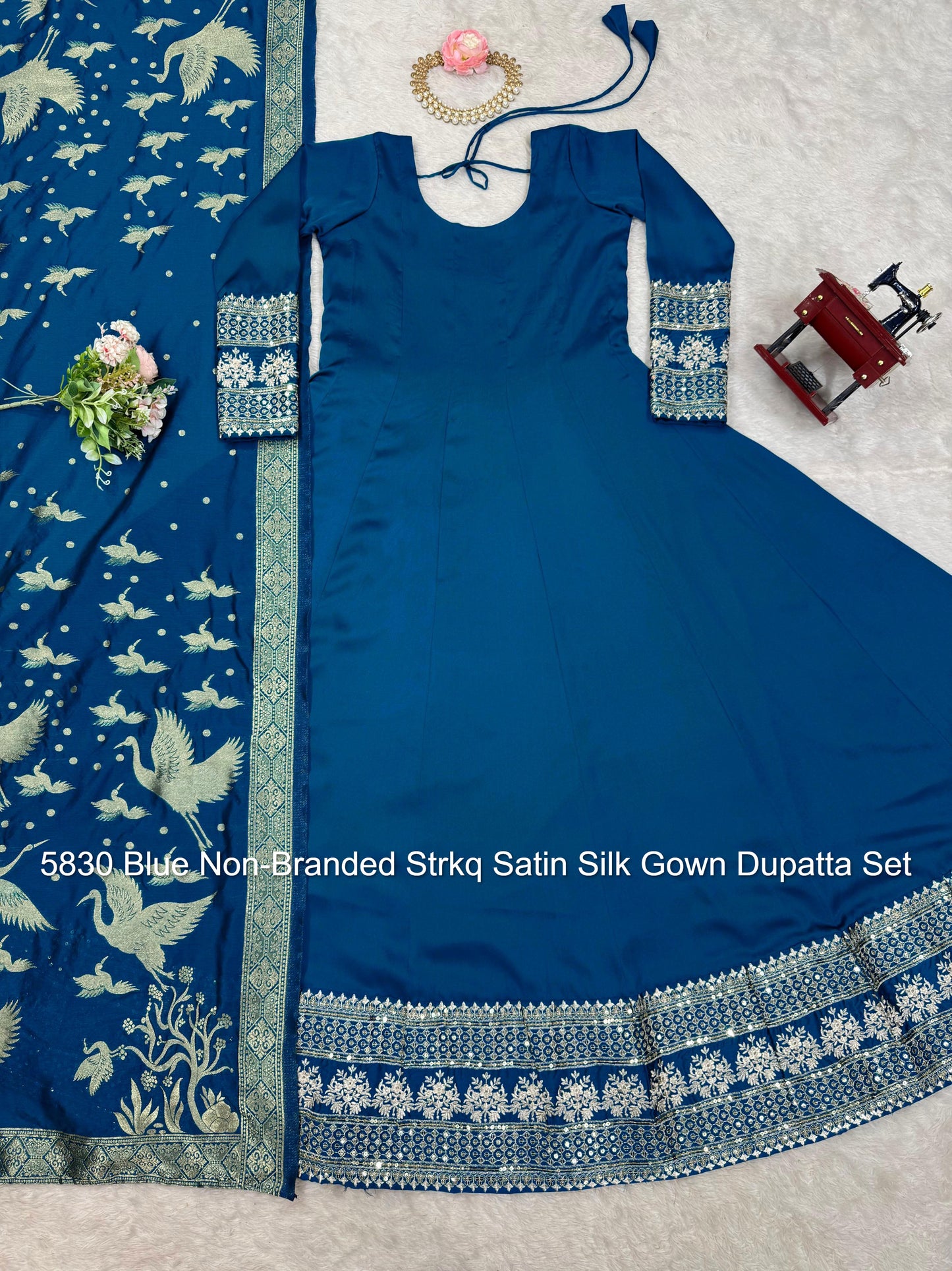 5830 Blue Non-Branded Strkq Satin Silk Gown Dupatta Set