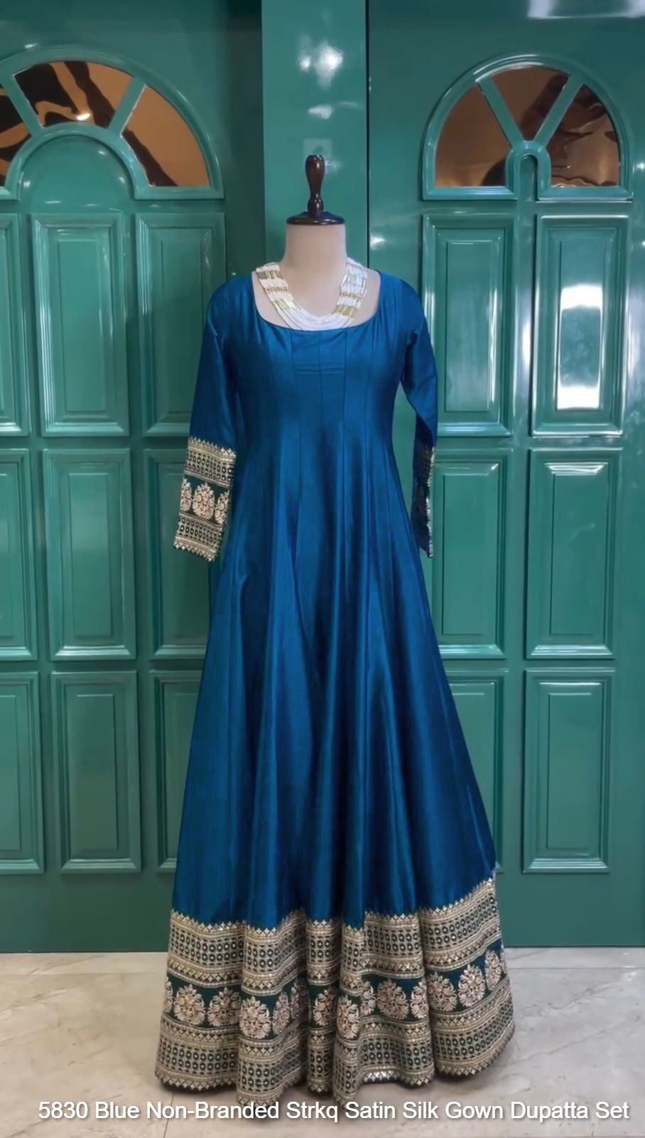 5830 Blue Non-Branded Strkq Satin Silk Gown Dupatta Set