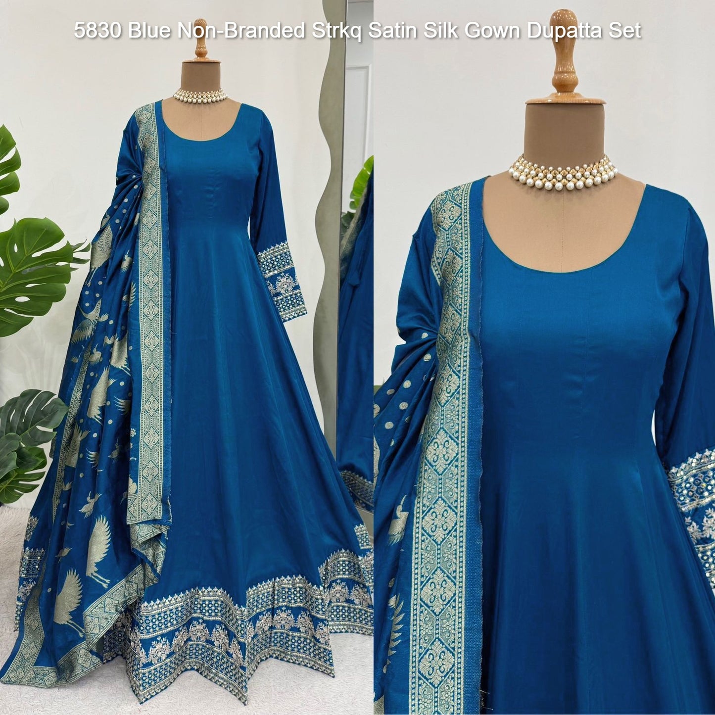 5830 Blue Non-Branded Strkq Satin Silk Gown Dupatta Set
