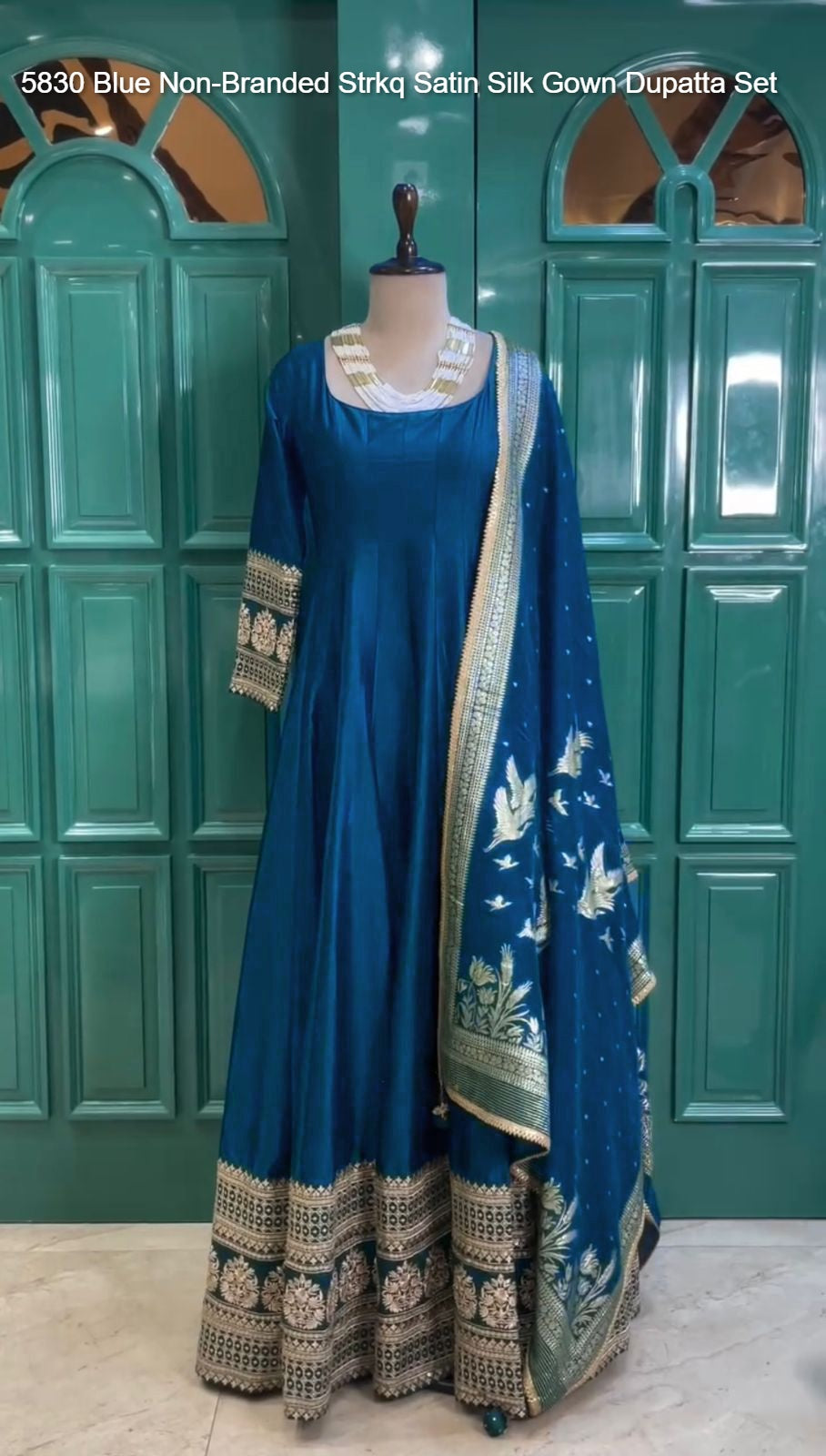 5830 Blue Non-Branded Strkq Satin Silk Gown Dupatta Set