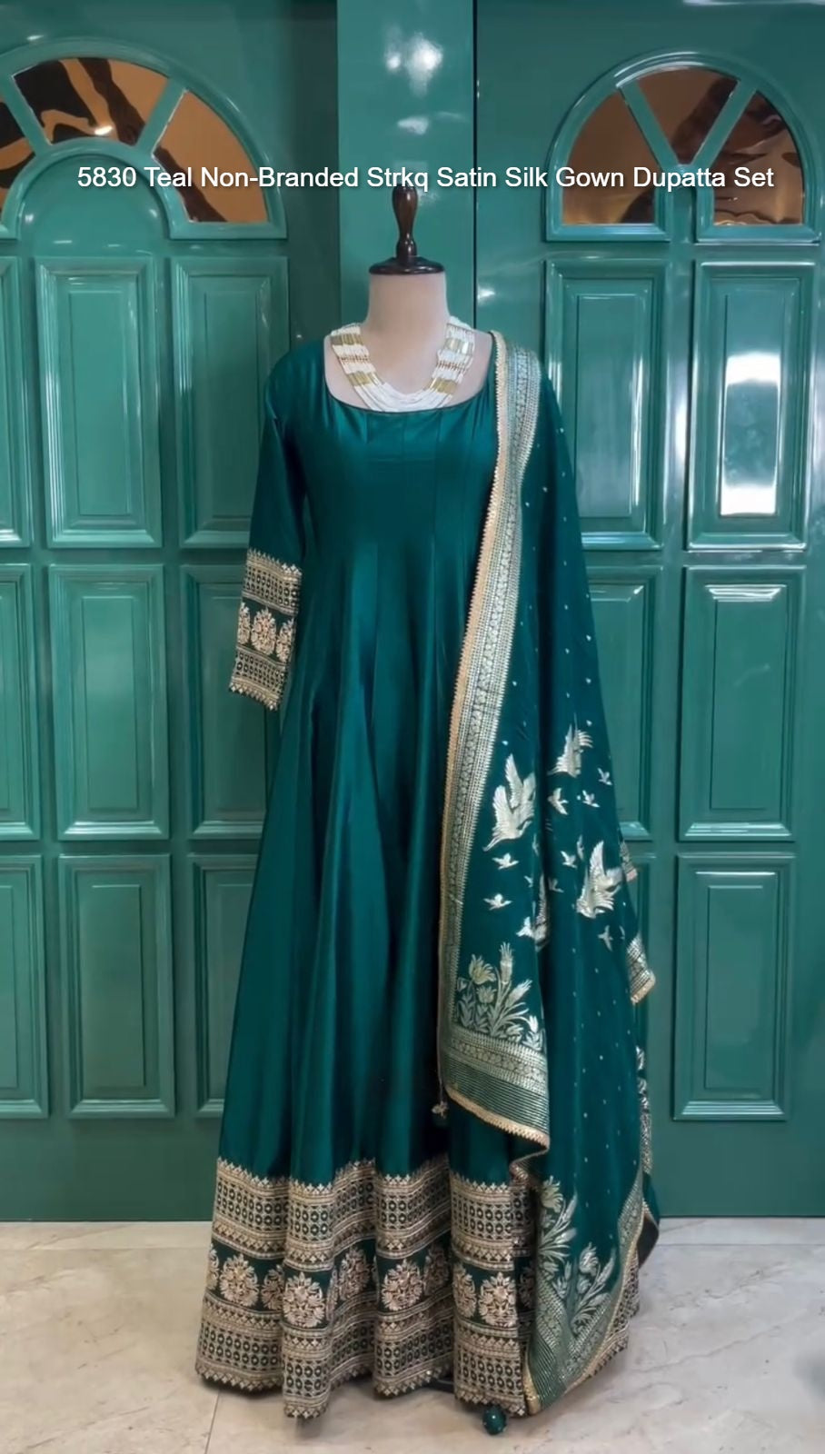 5830 Teal Non-Branded Strkq Satin Silk Gown Dupatta Set
