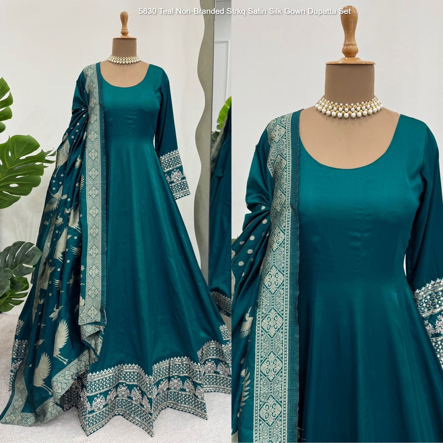 5830 Teal Non-Branded Strkq Satin Silk Gown Dupatta Set