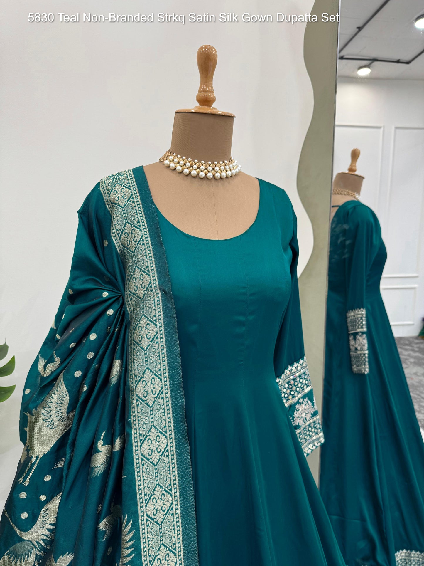 5830 Teal Non-Branded Strkq Satin Silk Gown Dupatta Set